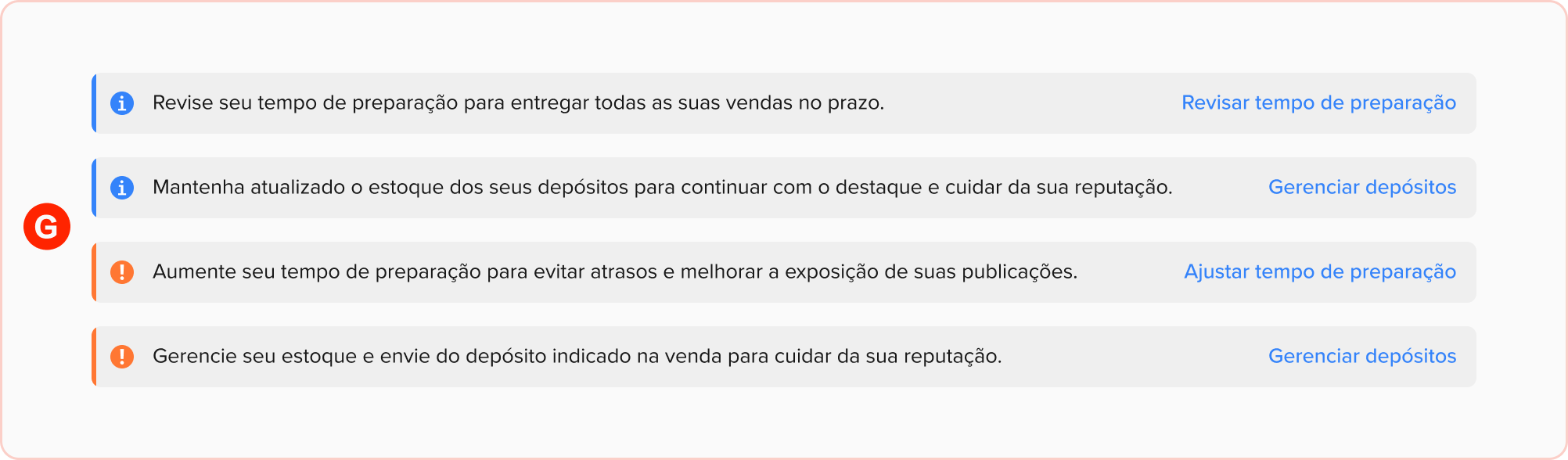 Recomendações de ação para diferentes cenários de envio, destacadas pela letra G.